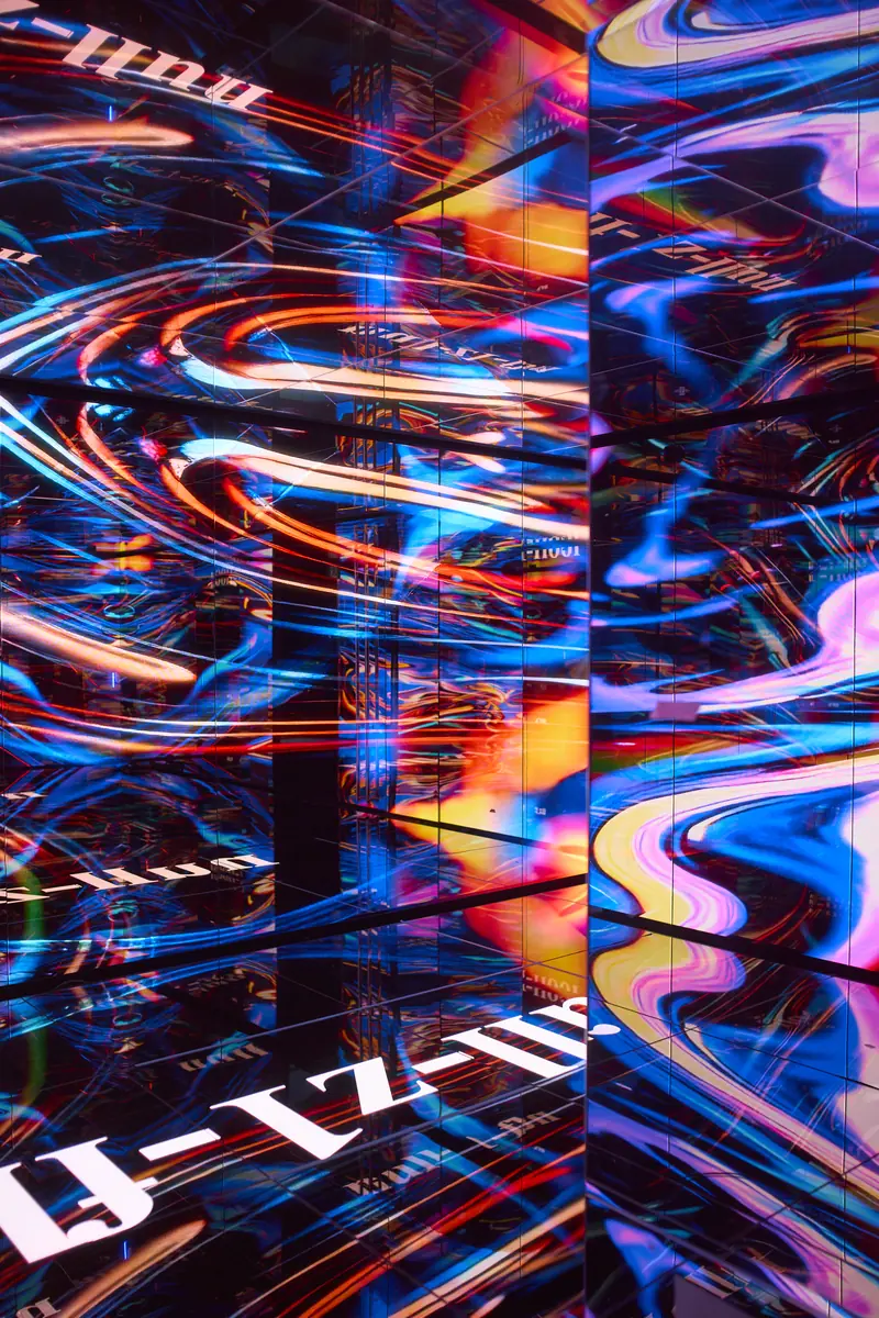 Close-up of iridescent swirling LED imagery